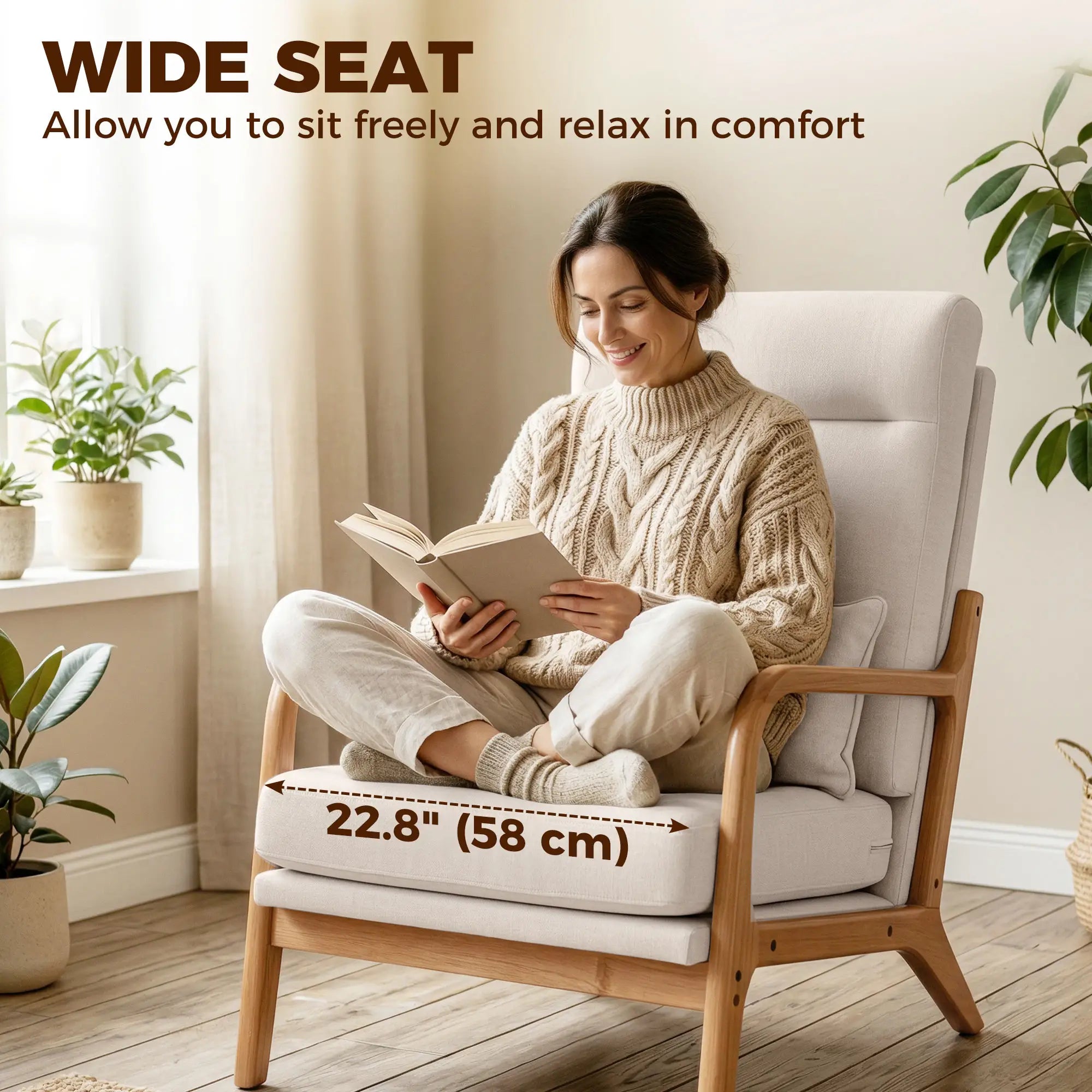 Modern Accent Chair, Linen Armchair with Lumbar Pillow, High Back, Wide Seat, Thick Cushion, Solid Wood Frame, Cream White Accent Chairs at Gallery Canada