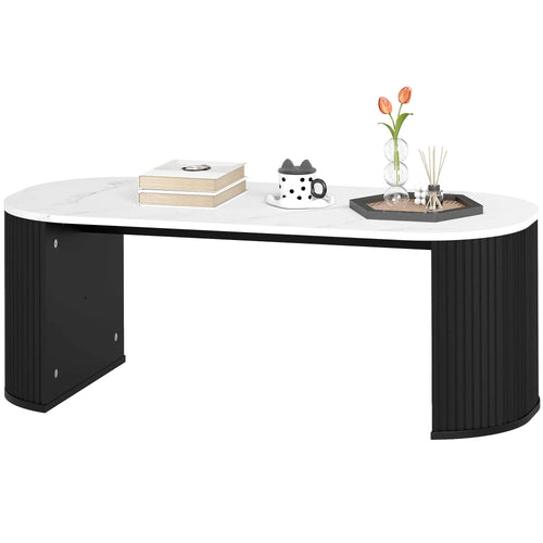 Modern Marble-Effect Coffee Table, Round Corners, Thicken Legs, Black