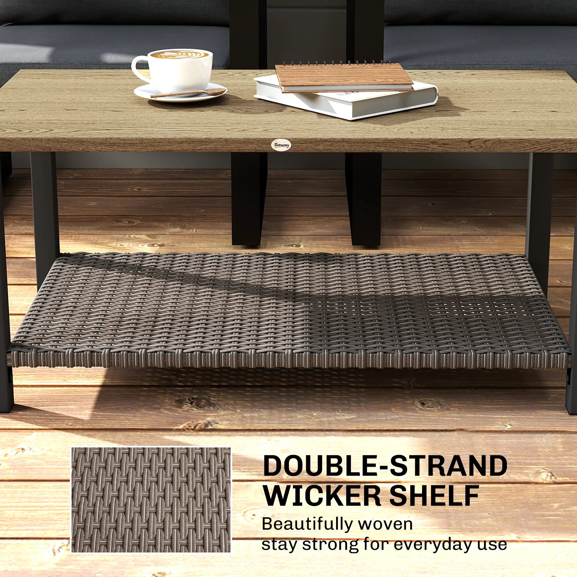 2-Tier Rectangle Outdoor Coffee Table, Wood-Effect Metal Top, Wicker Shelf, Brown Patio Side Tables at Gallery Canada