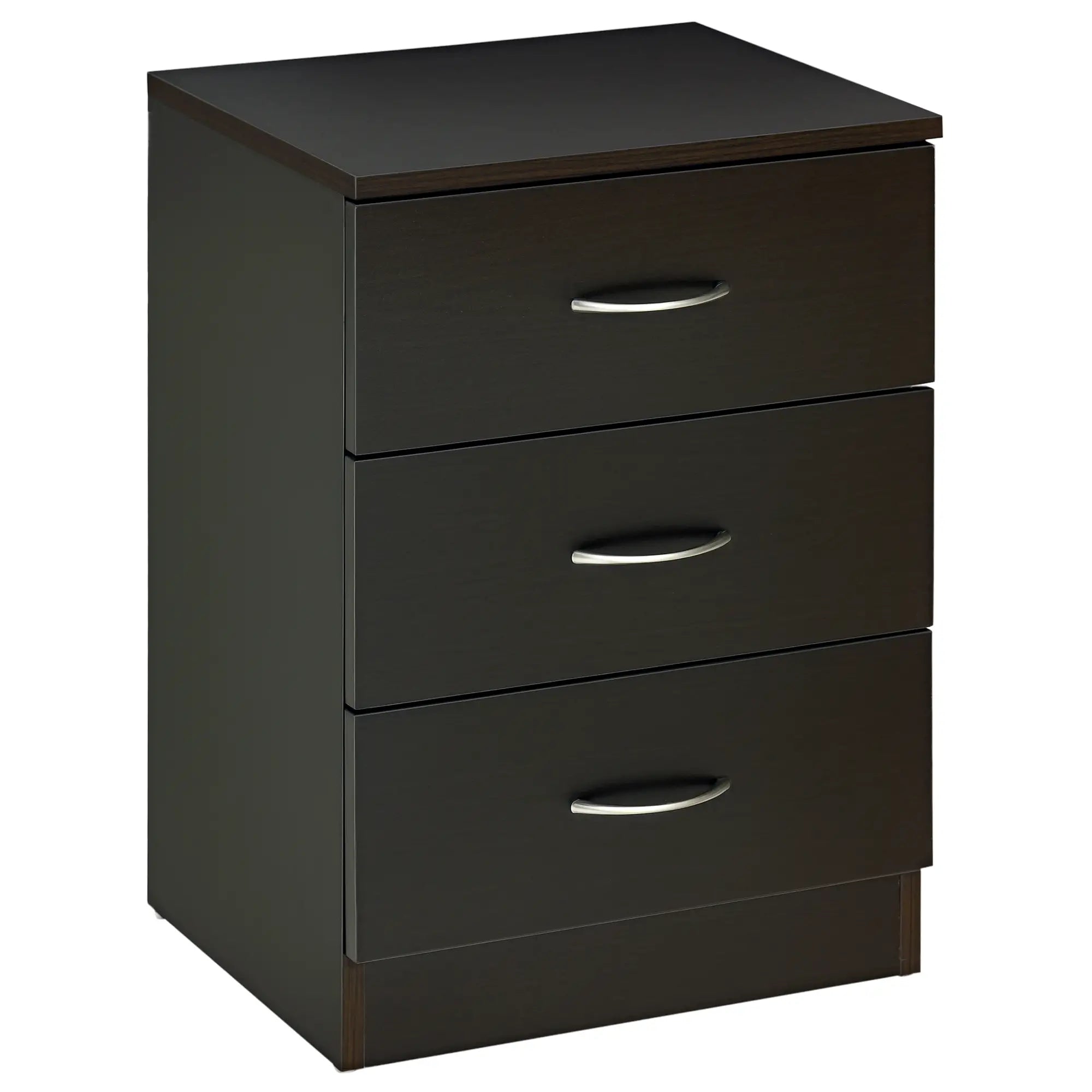 Modern Night Stand, 3 Drawers, Metal Rail, Dark Brown Bedside Tables Dark Brown at Gallery Canada