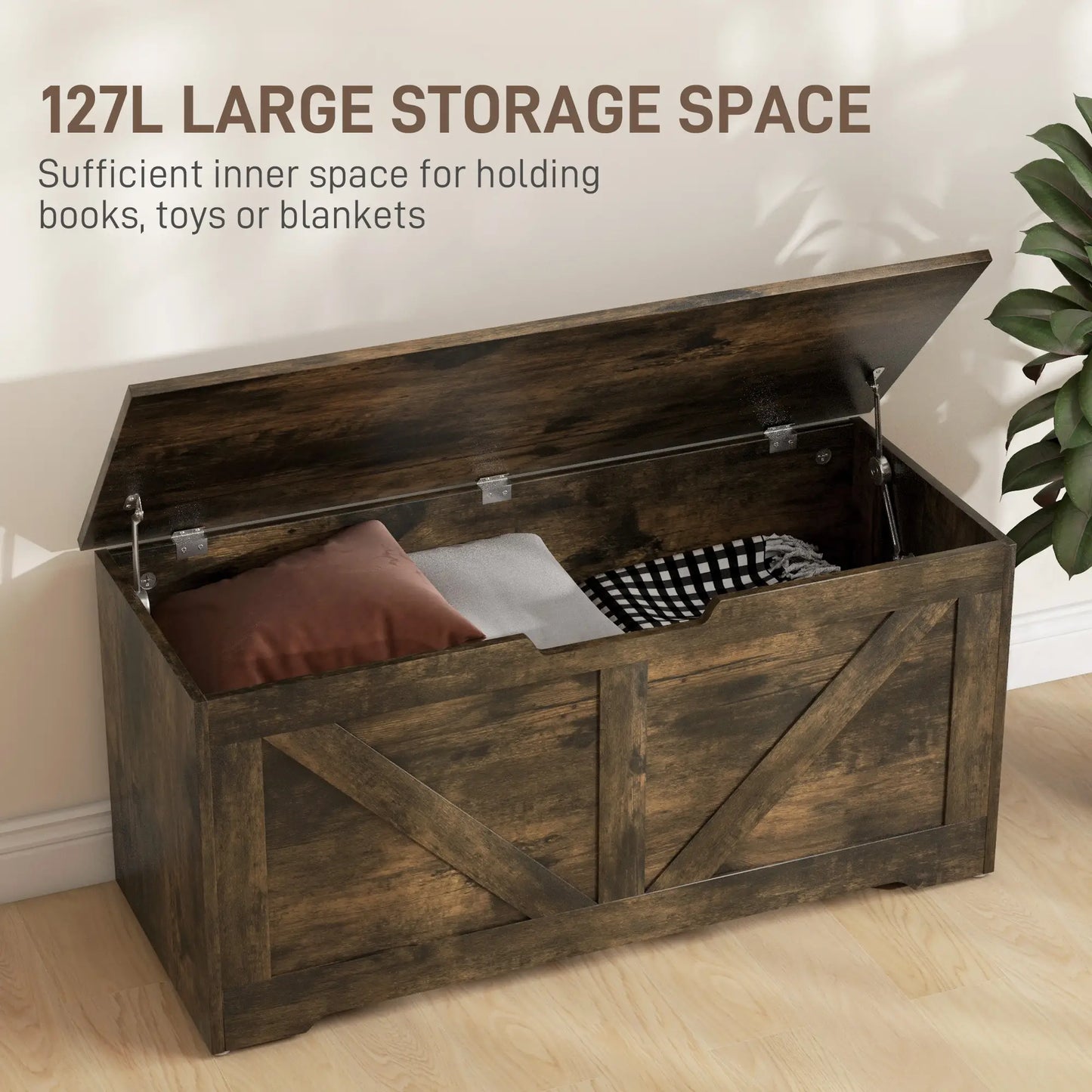 39.4 Inches Wooden Storage Chest, 2 Safety Hinges, Brown Wood Grain Storage Cabinets at Gallery Canada