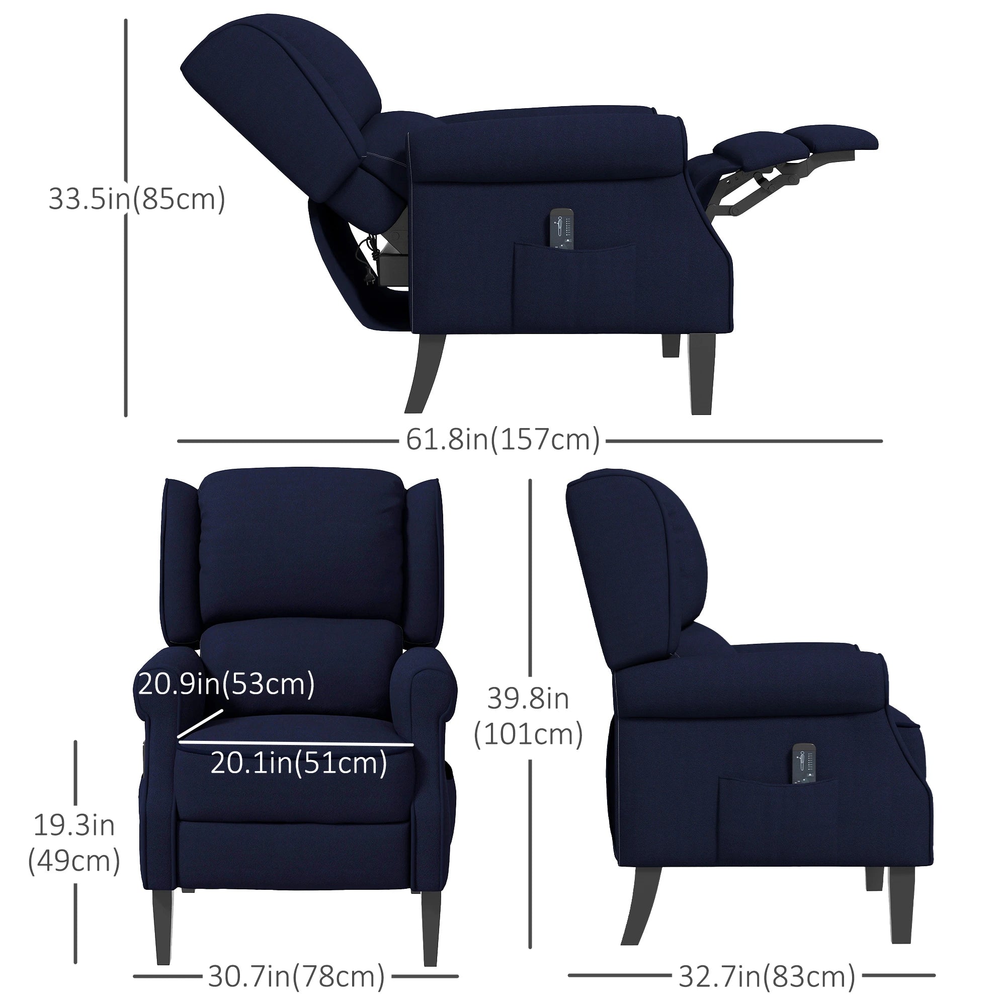 Push Back Recliner Chair, Vibration Massage, Extendable Footrest, Remote, Pocket, Blue Single Sofas at Gallery Canada