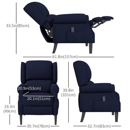 Push Back Recliner Chair, Vibration Massage, Extendable Footrest, Remote, Pocket, Blue Single Sofas at Gallery Canada