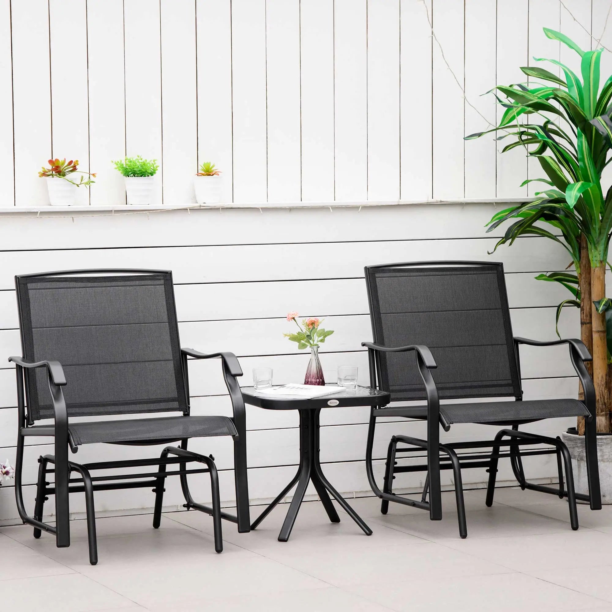 3 Piece Patio Glider Set, Breathable Mesh Seat, Glass Top Table, Black Outdoor Gliders at Gallery Canada