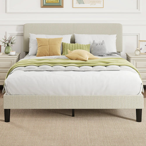 Queen Size Bed Frame, Adjustable Upholstered Headboard, Wood Slat Support, Light Grey