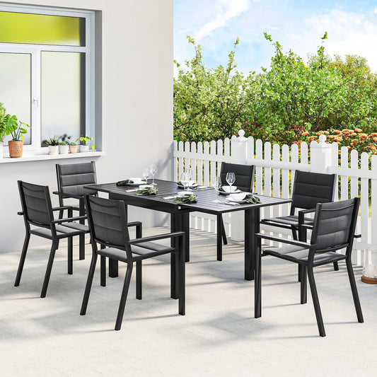 Aluminum Expandable Outdoor Dining Set, 6 Stackable Chairs, Black Outdoor Dining Sets Black at Gallery Canada