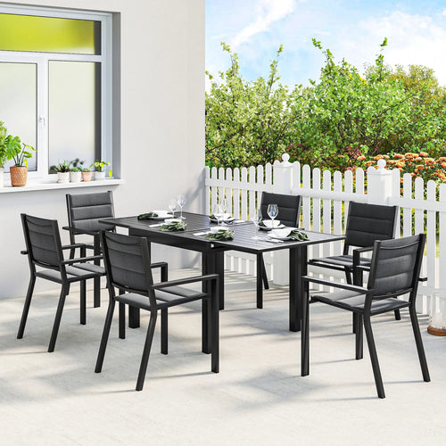 Aluminum Expandable Outdoor Dining Set, 6 Stackable Chairs, Black