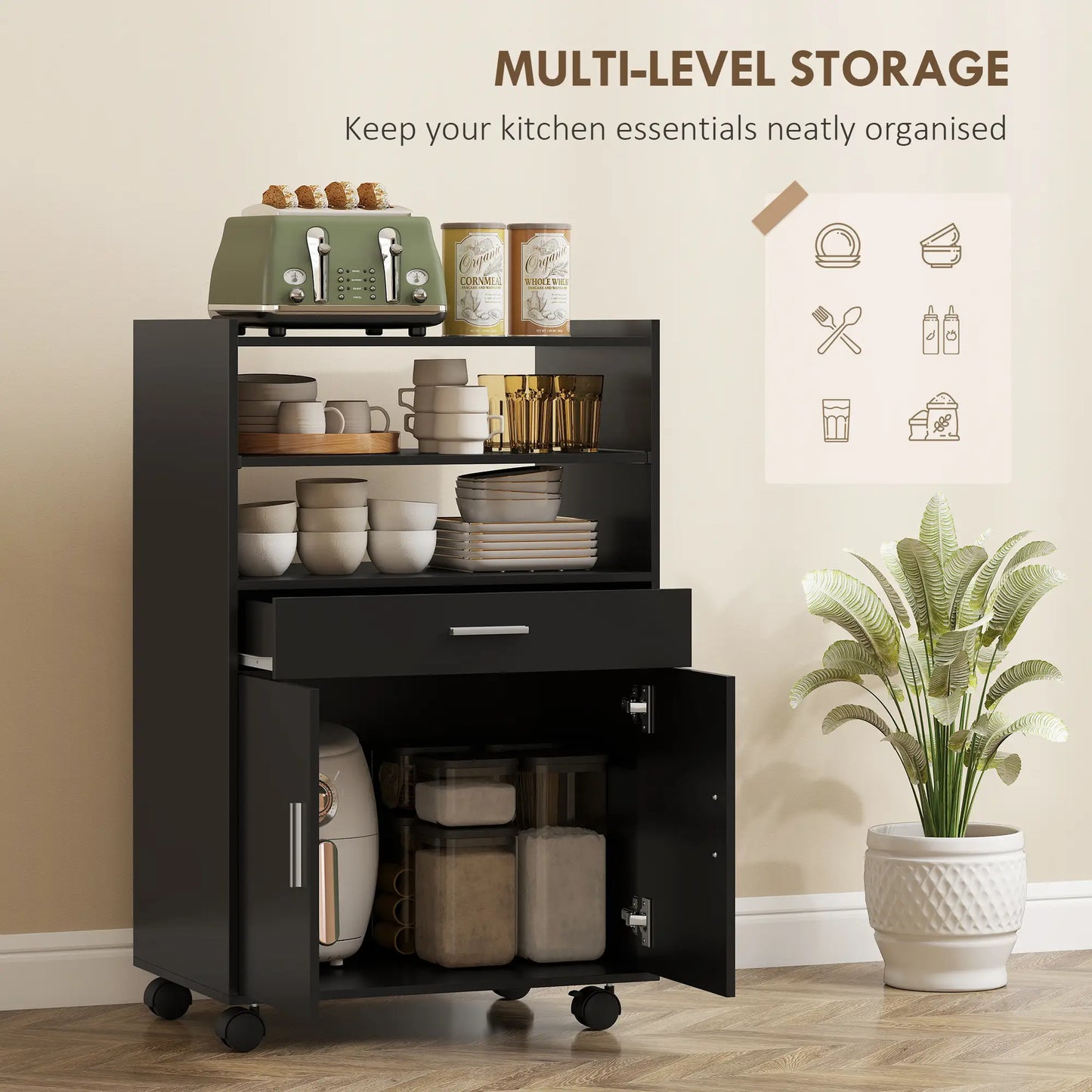Microwave Cart with Wheels, Open Shelves and Drawer, Black Kitchen Islands & Kitchen Carts at Gallery Canada