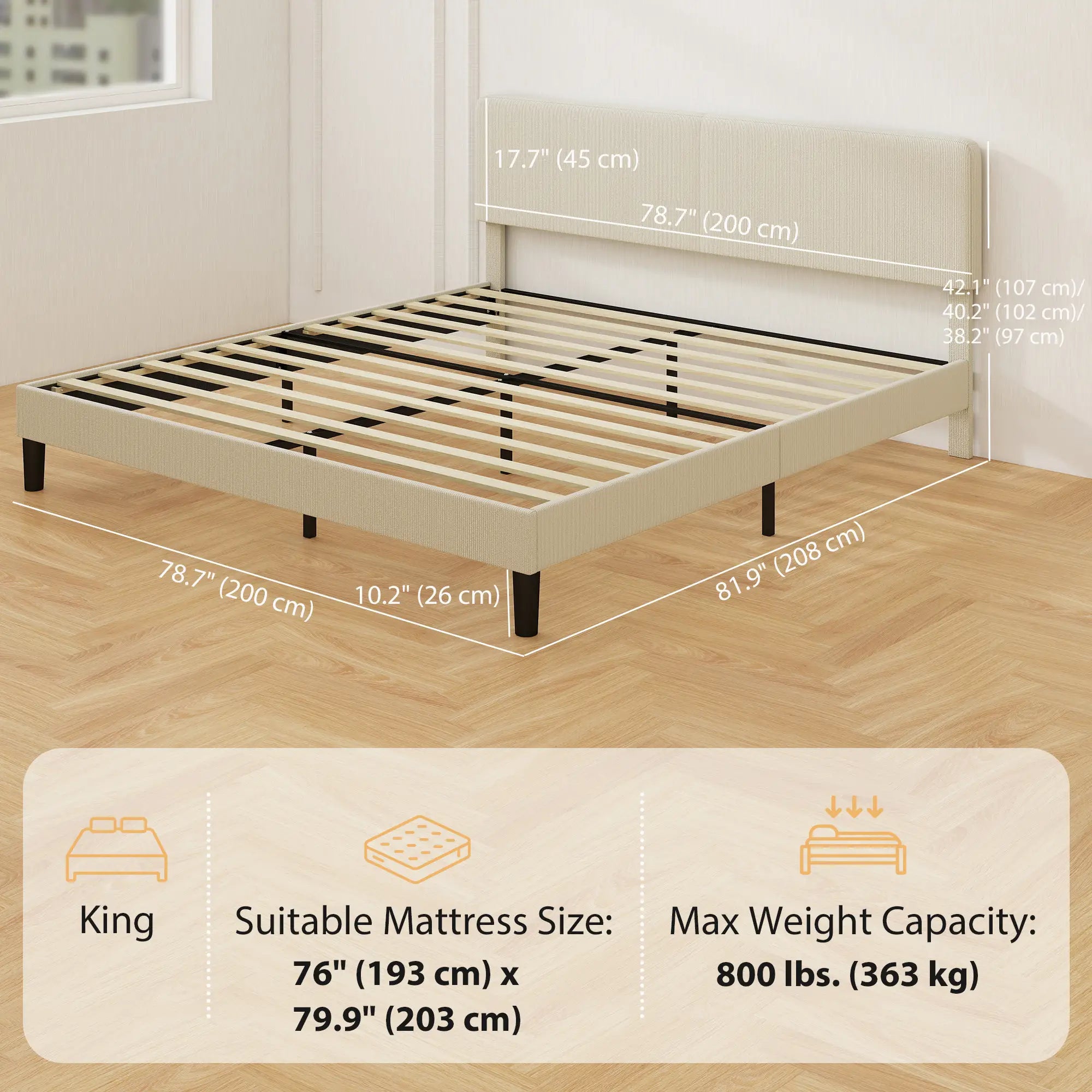 King Size Bed Frame, Adjustable Upholstered Headboard, Wood Slat Support, Light Grey Bed Frames at Gallery Canada
