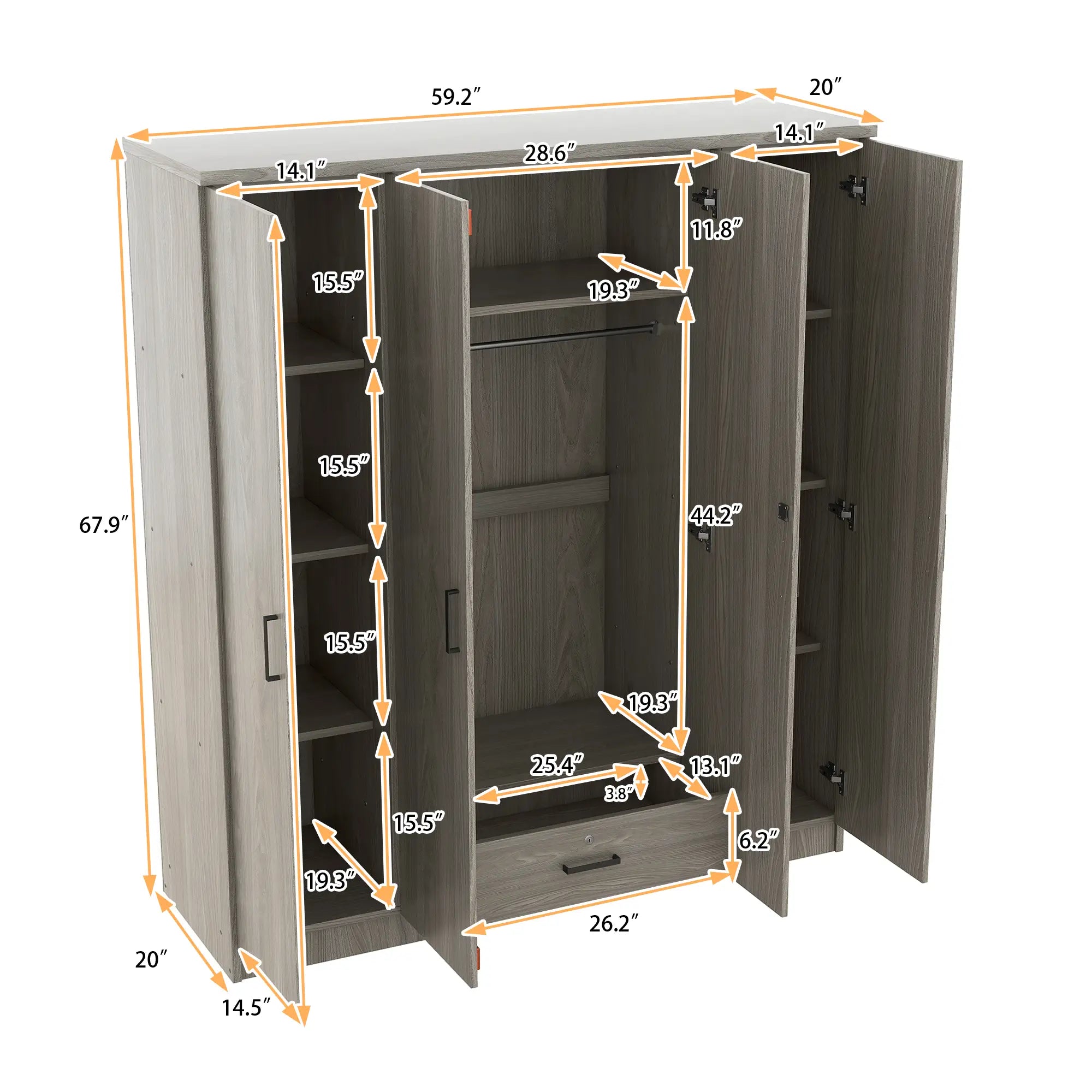 Wardrobe with Hanging Rail, Locking Drawer, Black Handles, 59