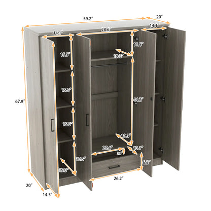 Wardrobe with Hanging Rail, Locking Drawer, Black Handles, 59" L x 20" W x 68" H, Grey Clothing Storage at Gallery Canada