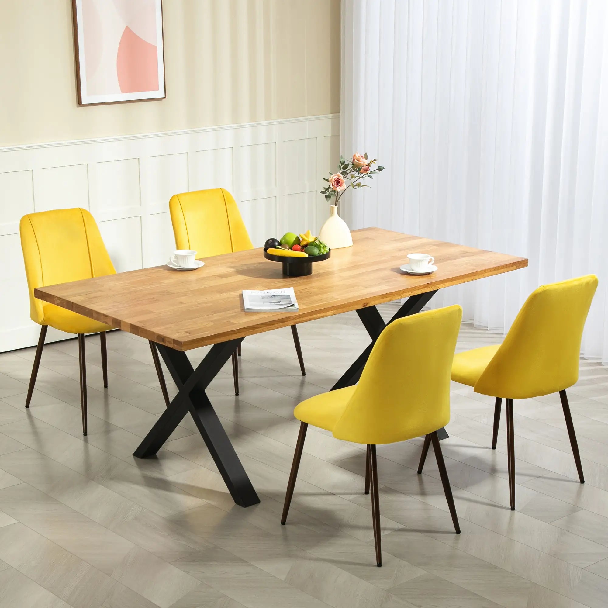 Upholstered Dining Chairs Set of 4, Velvet, Wood-Grain Steel Leg, Yellow Dining Chairs at Gallery Canada