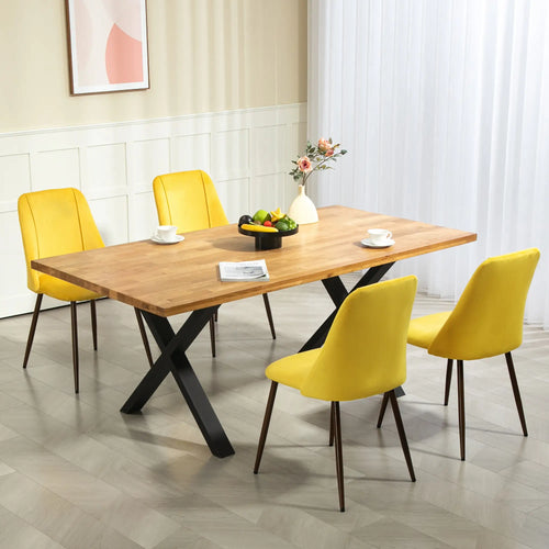 Upholstered Dining Chairs Set of 4, Velvet, Wood-Grain Steel Leg, Yellow