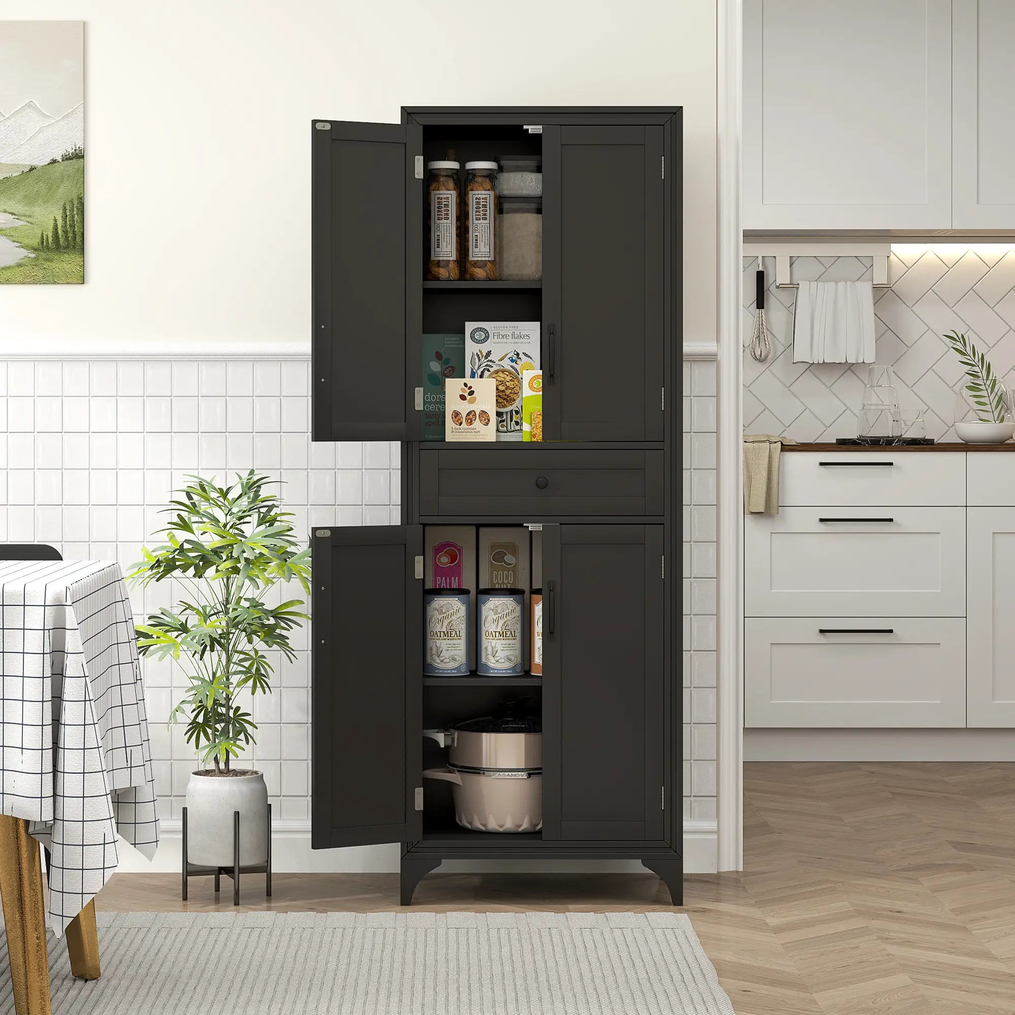 Freestanding Storage Cabinet, Kitchen Pantry, 2 Shelves, 4 Doors, Black Kitchen Pantry Cabinets at Gallery Canada