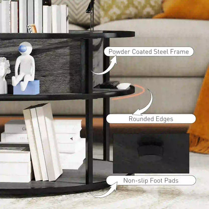 Round Lift Top Coffee Table, Storage Shelf, Hidden Compartment, Steel Frame, Distressed, Dark Grey Coffee Tables at Gallery Canada