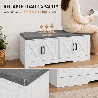 Shoe Bench With Cushion, Adjustable Shelves, White