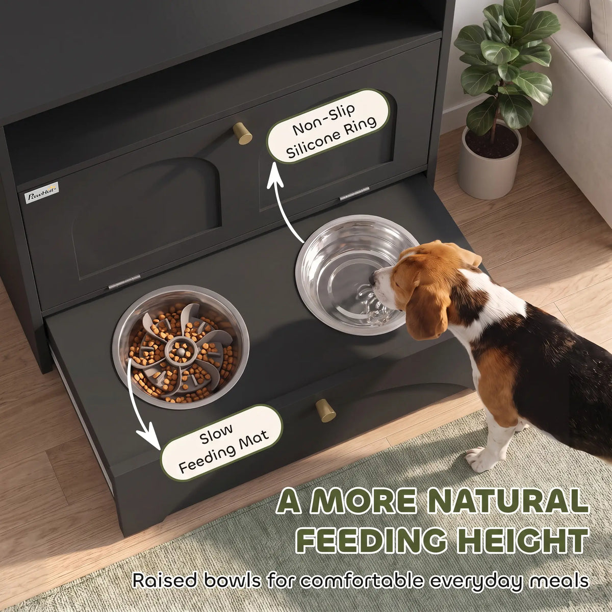 Dog Feeding Station, Food Storage Cabinet, 2 Elevated Bowls, Black Dog Bowls at Gallery Canada