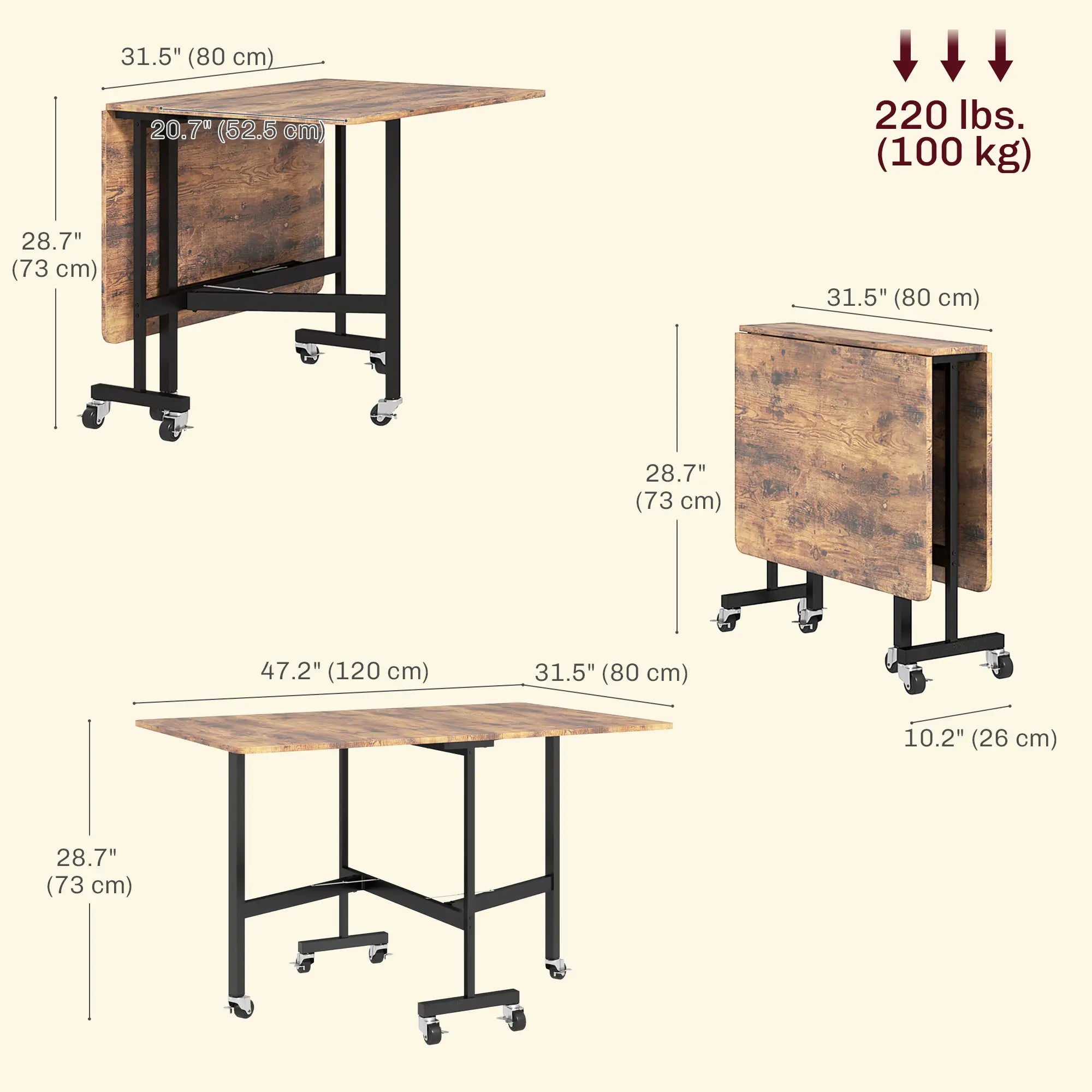 Six-Seater Drop-Leaf Dining Table with Wheels, Rustic Brown Dining Tables at Gallery Canada