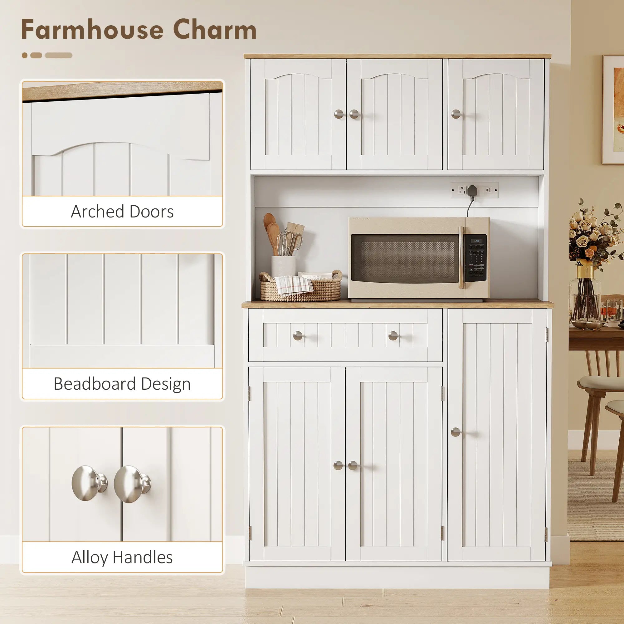 68 Inch Pantry Cabinet with Charging Station, Microwave Stand, 4 Door Racks, White Kitchen Pantry Cabinets at Gallery Canada