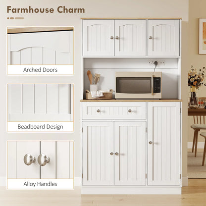 68 Inch Pantry Cabinet with Charging Station, Microwave Stand, 4 Door Racks, White Kitchen Pantry Cabinets at Gallery Canada