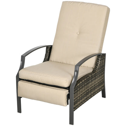 Outdoor Rattan Recliner Chair, Adjustable Back, Retractable Footrest, Khaki Chaise Loungers Khaki at Gallery Canada