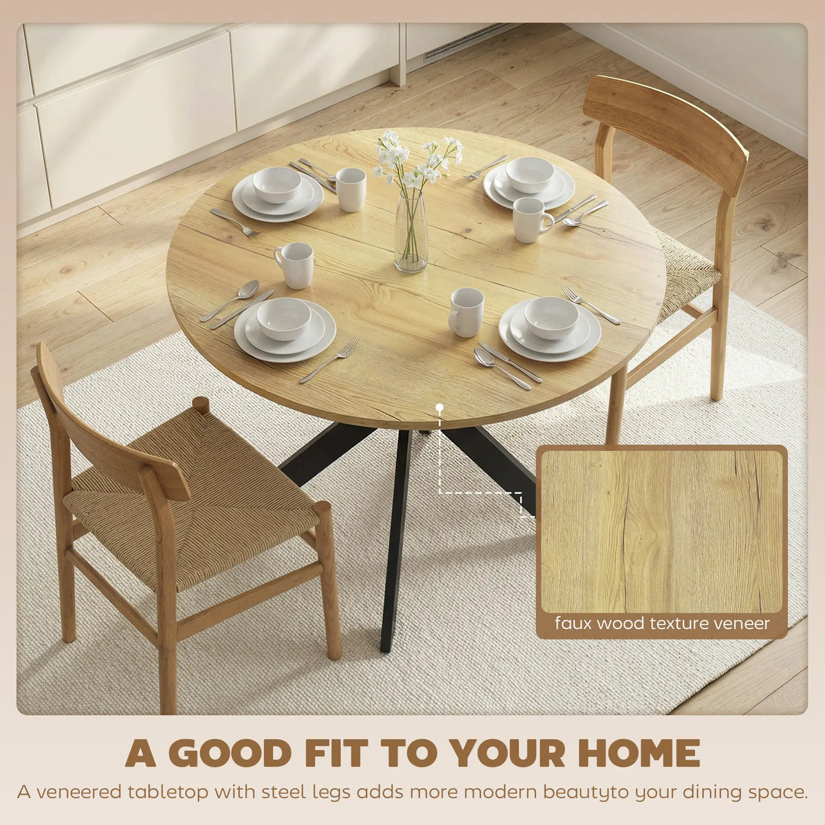39" Dining Table, Round Kitchen Table, Steel Legs, Wood Grain, Brown Dining Tables at Gallery Canada