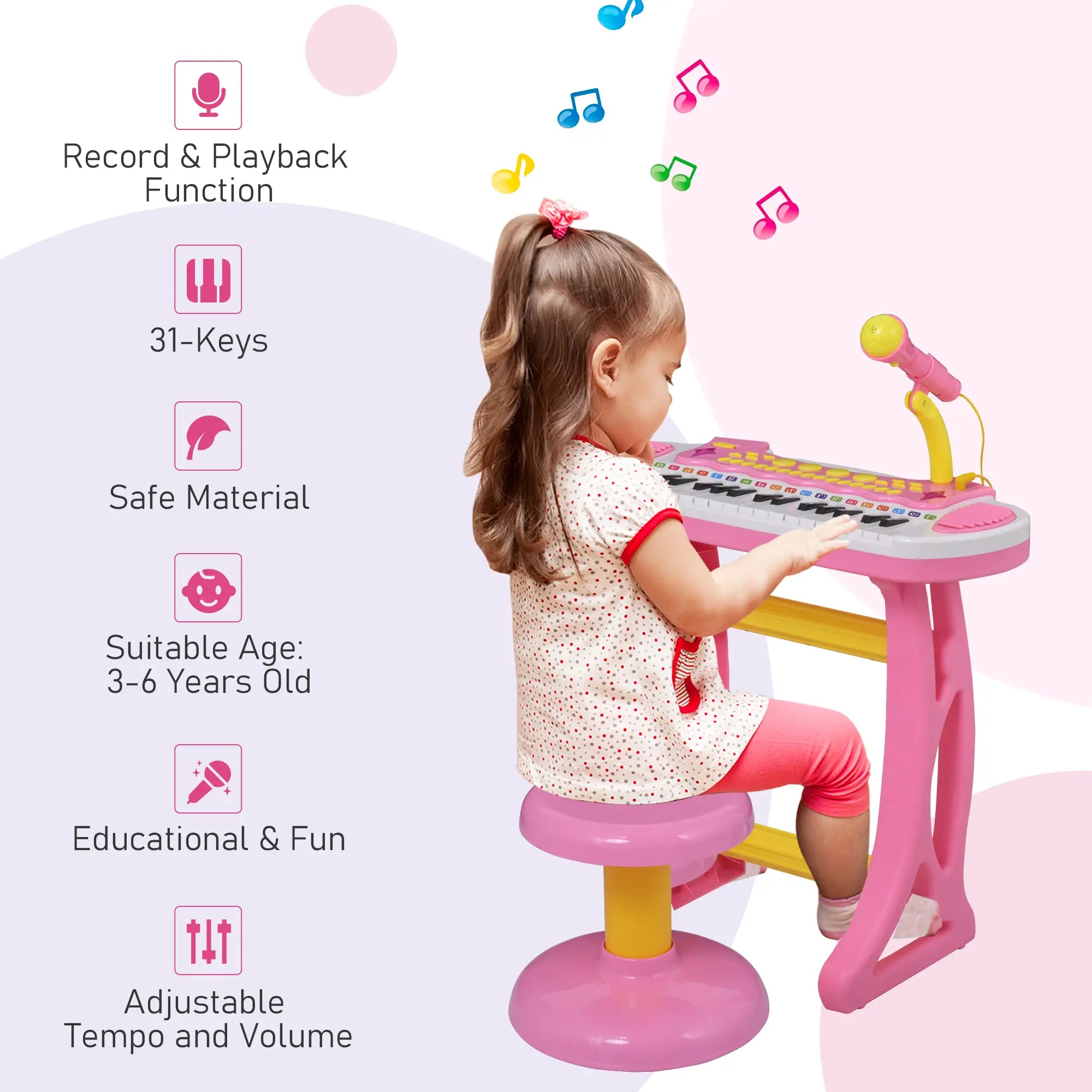 Kids Toy Piano Keyboard, Sitting Stool, Microphone, Flashlight, Pink Electronic Musical Pianos at Gallery Canada