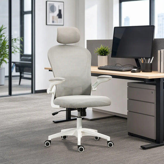 Mesh Office Chair, Adjustable Headrest, 4D Lumbar Support, Flip-Up Arm, Grey Task Chairs Grey at Gallery Canada