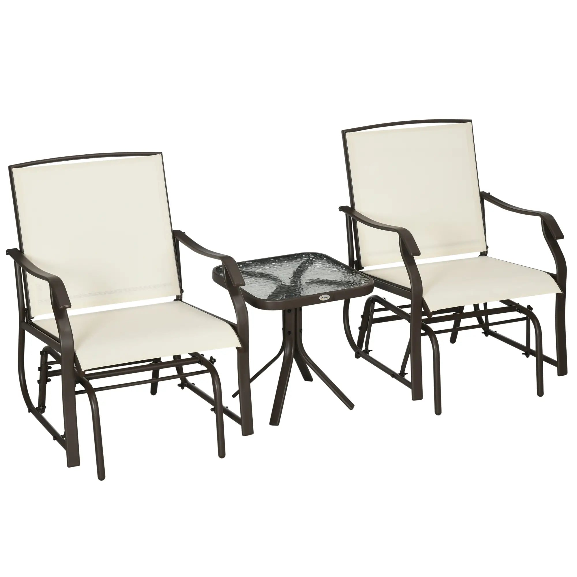 3 Piece Patio Glider Set, Breathable Mesh Seat, Glass Top Table, Cream White Outdoor Gliders Brown Frame, Cream White Fabric at Gallery Canada