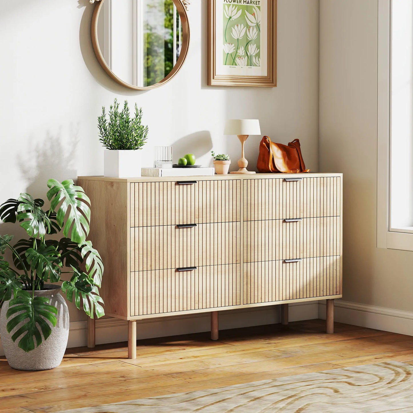 6 Drawer Dresser, Fluted Panels, Solid Wood Legs, Oak Storage Cabinets at Gallery Canada