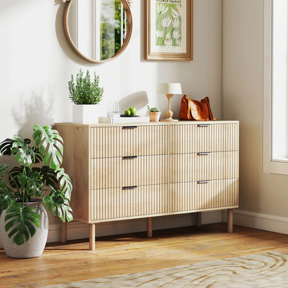 6 Drawer Dresser, Fluted Panels, Solid Wood Legs, Oak Storage Cabinets at Gallery Canada