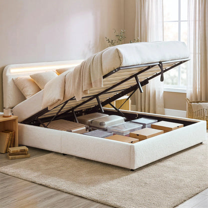 Queen Bed Frame with Charging Station, LED Lights, Adjustable Headboard, White Bed Frames at Gallery Canada