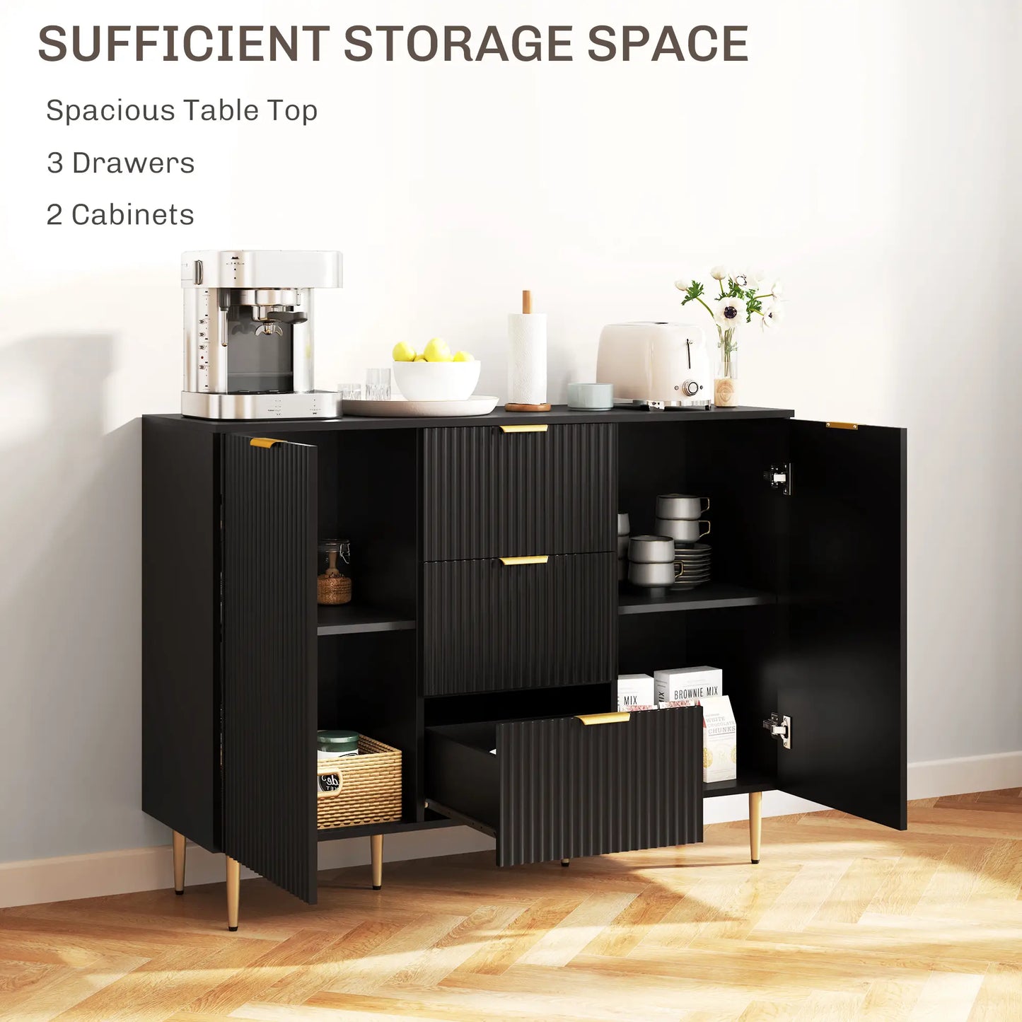 Modern Kitchen Storage Cabinet, 3 Drawers, Adjustable Shelves, Black Bar Cabinets at Gallery Canada