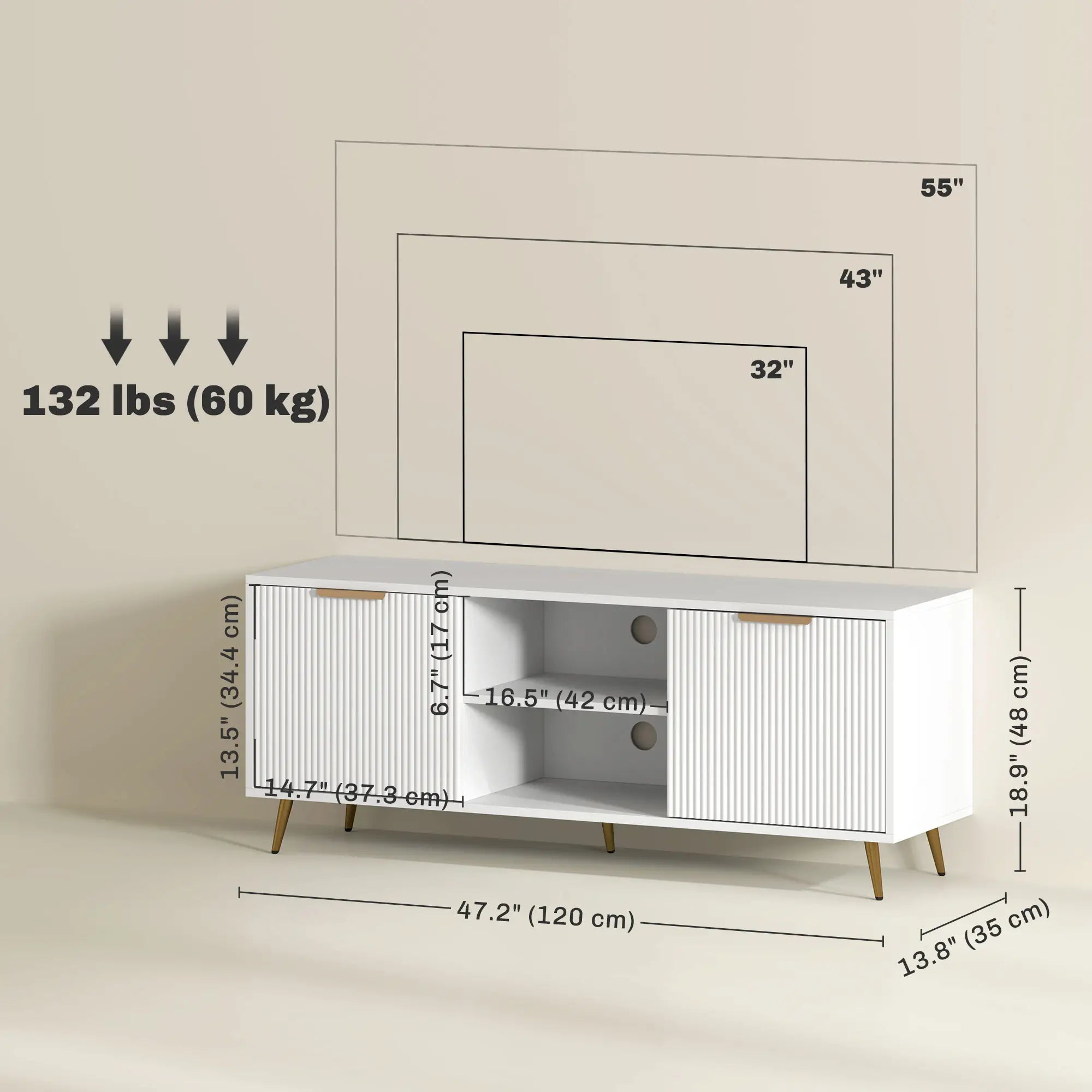 TV Stand for 55 Inch TV, Modern Cabinet with 2 Shelves, 2 Cabinets, White TV Stands at Gallery Canada
