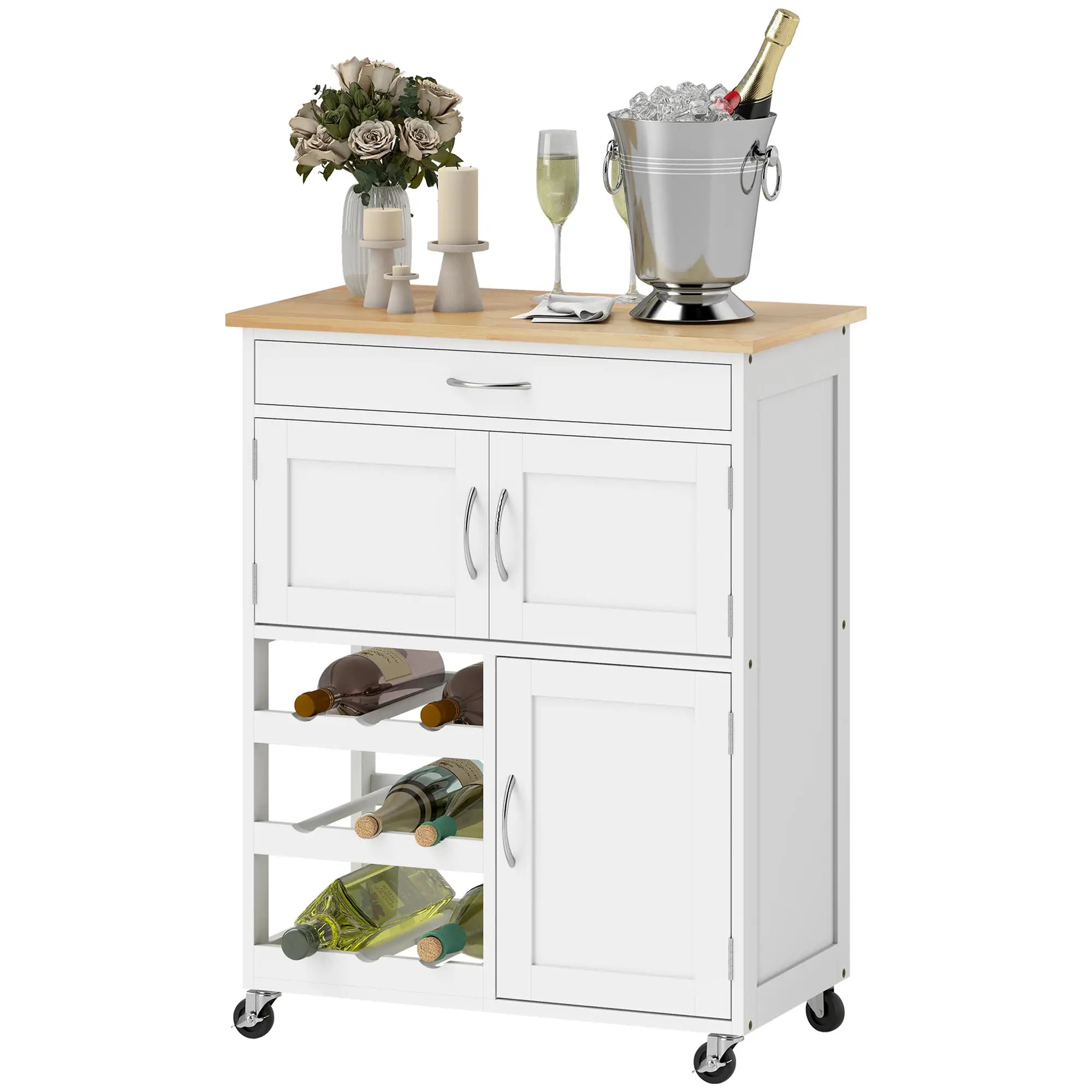 Rolling Kitchen Cart, Island with Storage Drawer, 9-Bottle Wine Rack, White Kitchen Islands & Kitchen Carts at Gallery Canada