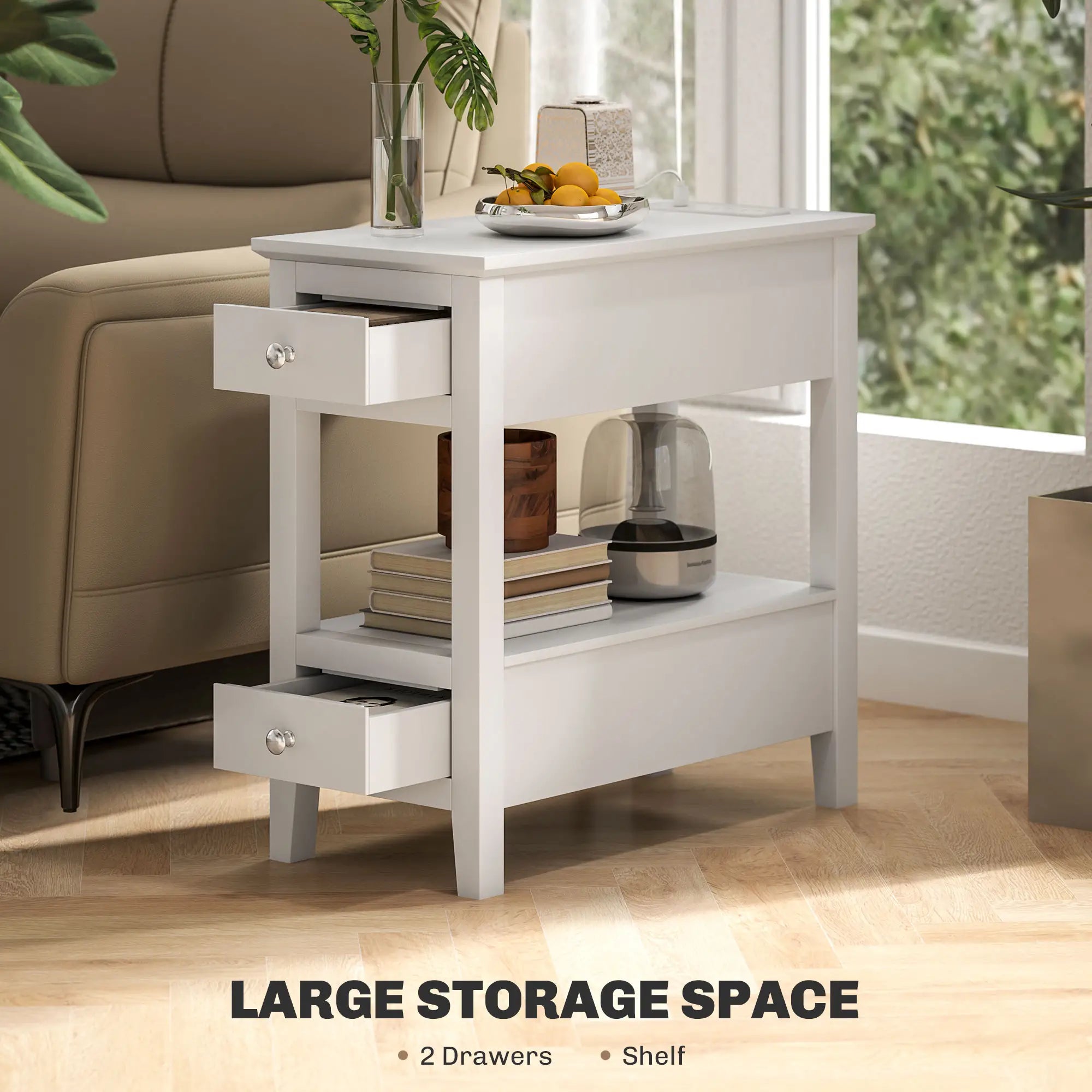 Narrow Side Table, Charging Station, USB Ports, Storage Shelf, Drawers, White Side Tables at Gallery Canada