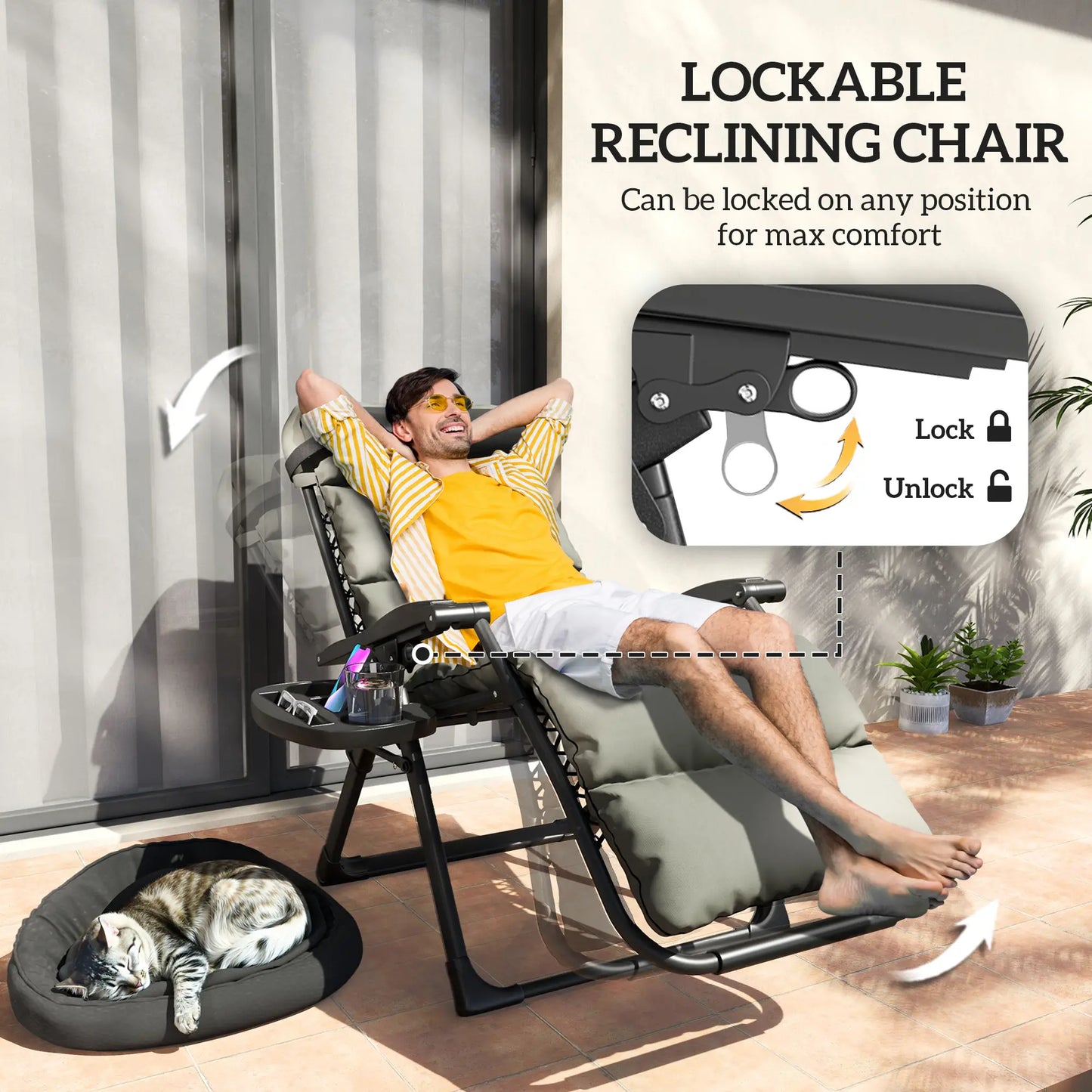 Reclining Zero Gravity Chair, Adjustable Backrest, Folding Sun Lounger, Removable Cushion, Grey Lounger Chairs at Gallery Canada