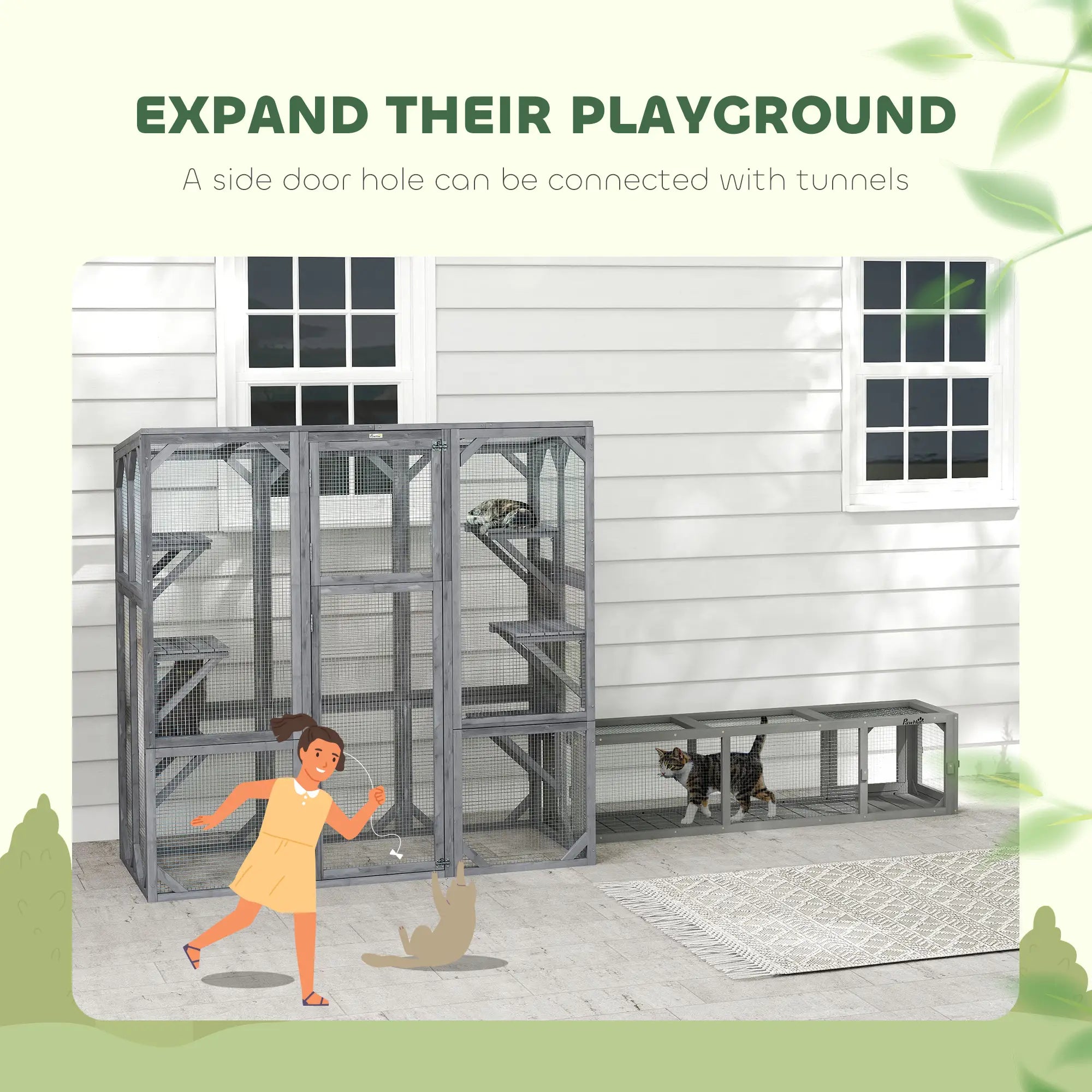 Outdoor Cat Enclosure, 6 Jumping Platforms, Weatherproof Roof, Large Door, 59