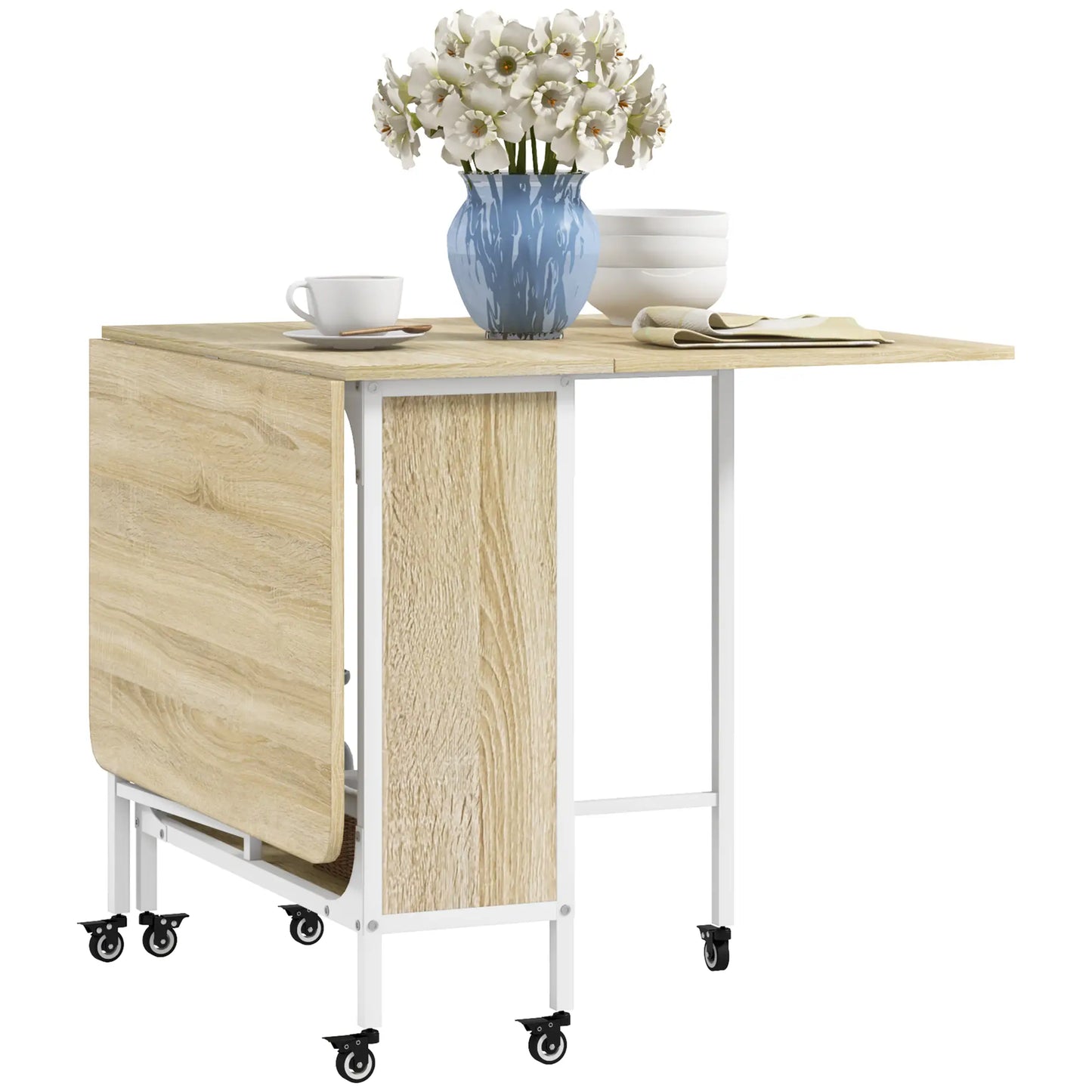 Folding Dining Table, Extendable Kitchen Table With Storage Shelf, Natural Wood Dining Tables Natural Wood, White at Gallery Canada