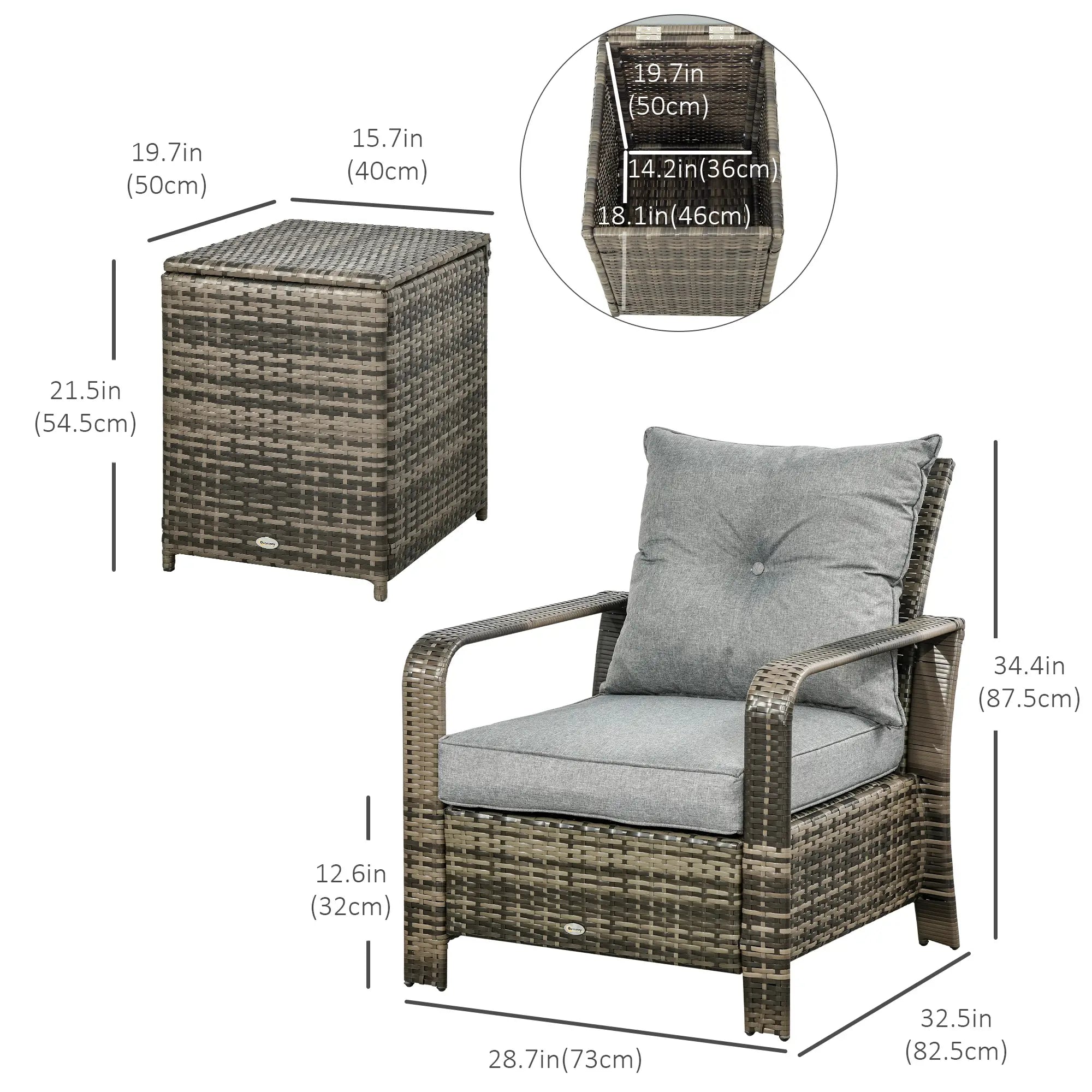 3-Piece Wicker Patio Set, Rattan Bistro with Storage Table, Grey Bistro Sets at Gallery Canada