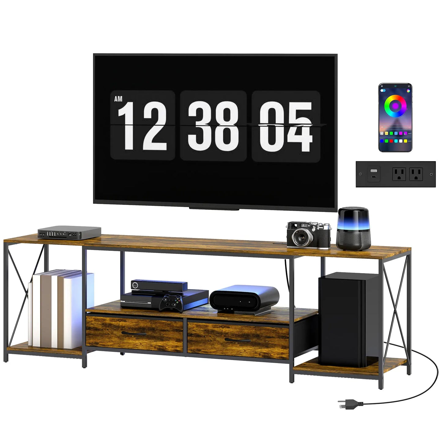 Industrial TV Stand For 60 Inch TV, Rustic Brown, With Charging Station And RGB LED Lights, Brown TV Stands Rustic Brown, Black at Gallery Canada