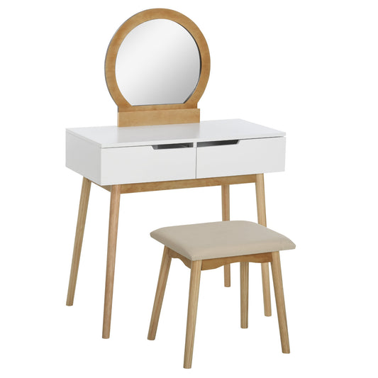Vanity Table Set with Round Mirror and 2 Drawers, Dressing Table with Cushioned Stool Set for Bedroom, Natural - Gallery Canada