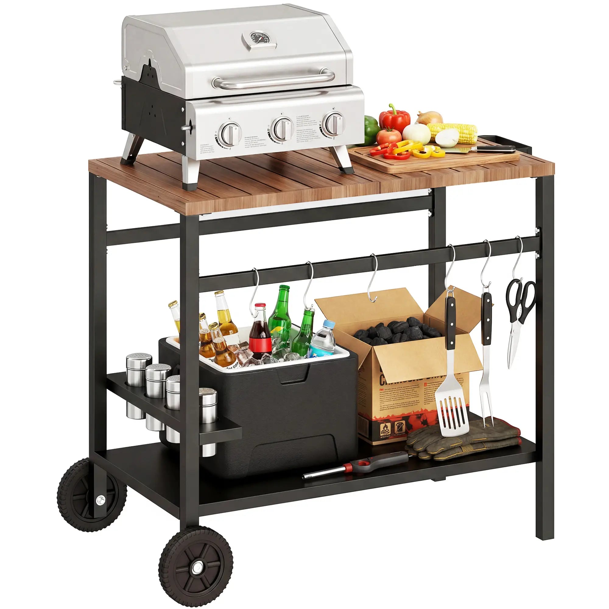 Outdoor Grill Cart, 2-Tier Pizza Oven Stand, Black And Brown Outdoor Grill Carts at Gallery Canada