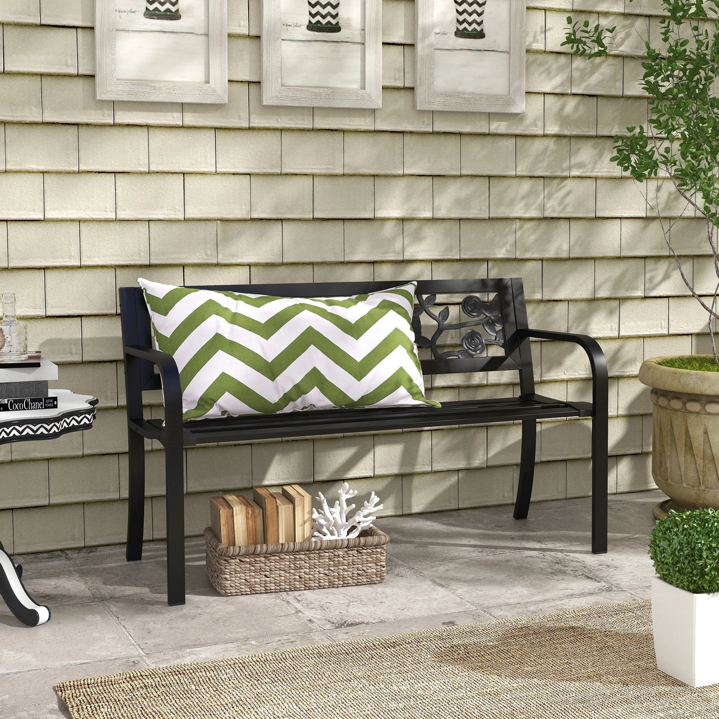 50" Outdoor Bench, Metal Frame Patio Loveseat, Floral Backrest, Black Outdoor Benches at Gallery Canada