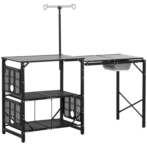 Folding Camping Kitchen, Portable Aluminum Cook Station, 3 Side Tables, 2 Shelves, Black
