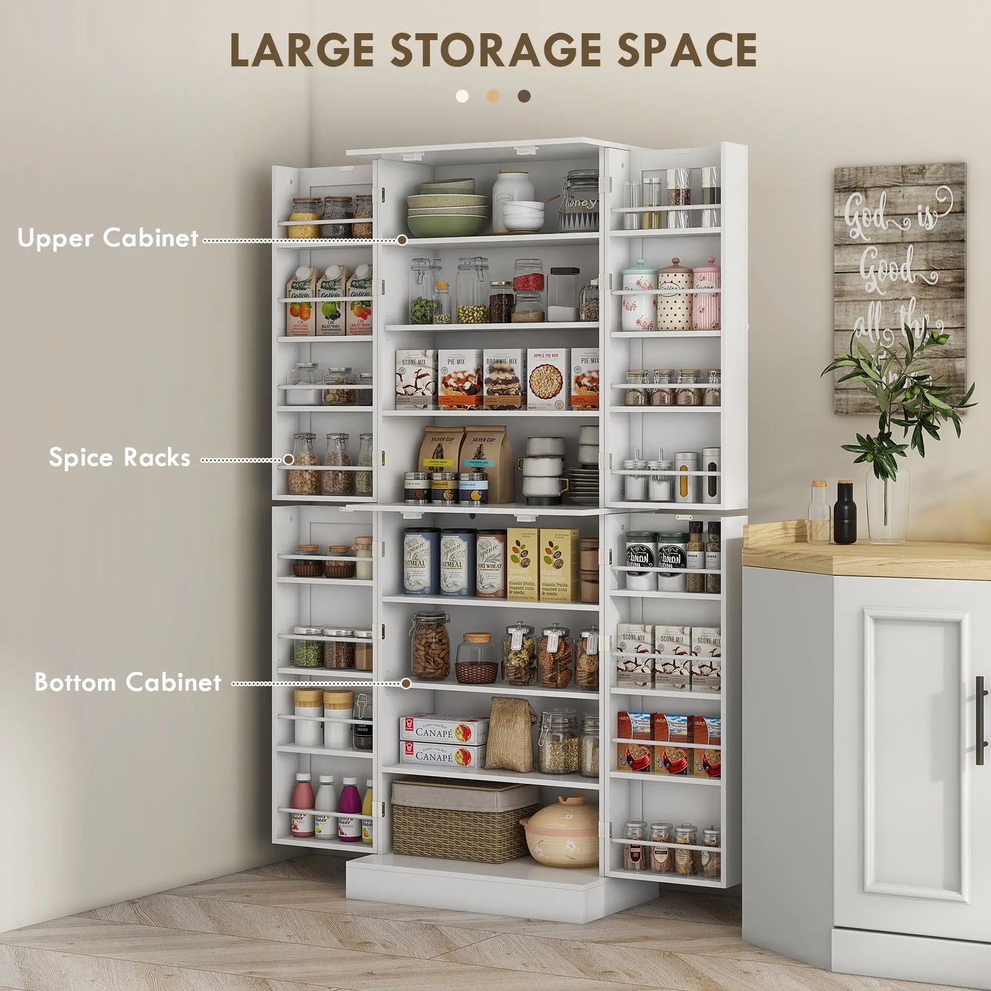 65" Kitchen Pantry Cabinet, 4 Doors, 16 Shelves, White Kitchen Pantry Cabinets at Gallery Canada