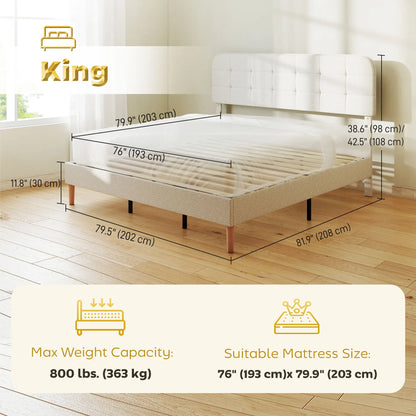 King Size Bed Frame, Adjustable Headboard, Upholstered Platform, White