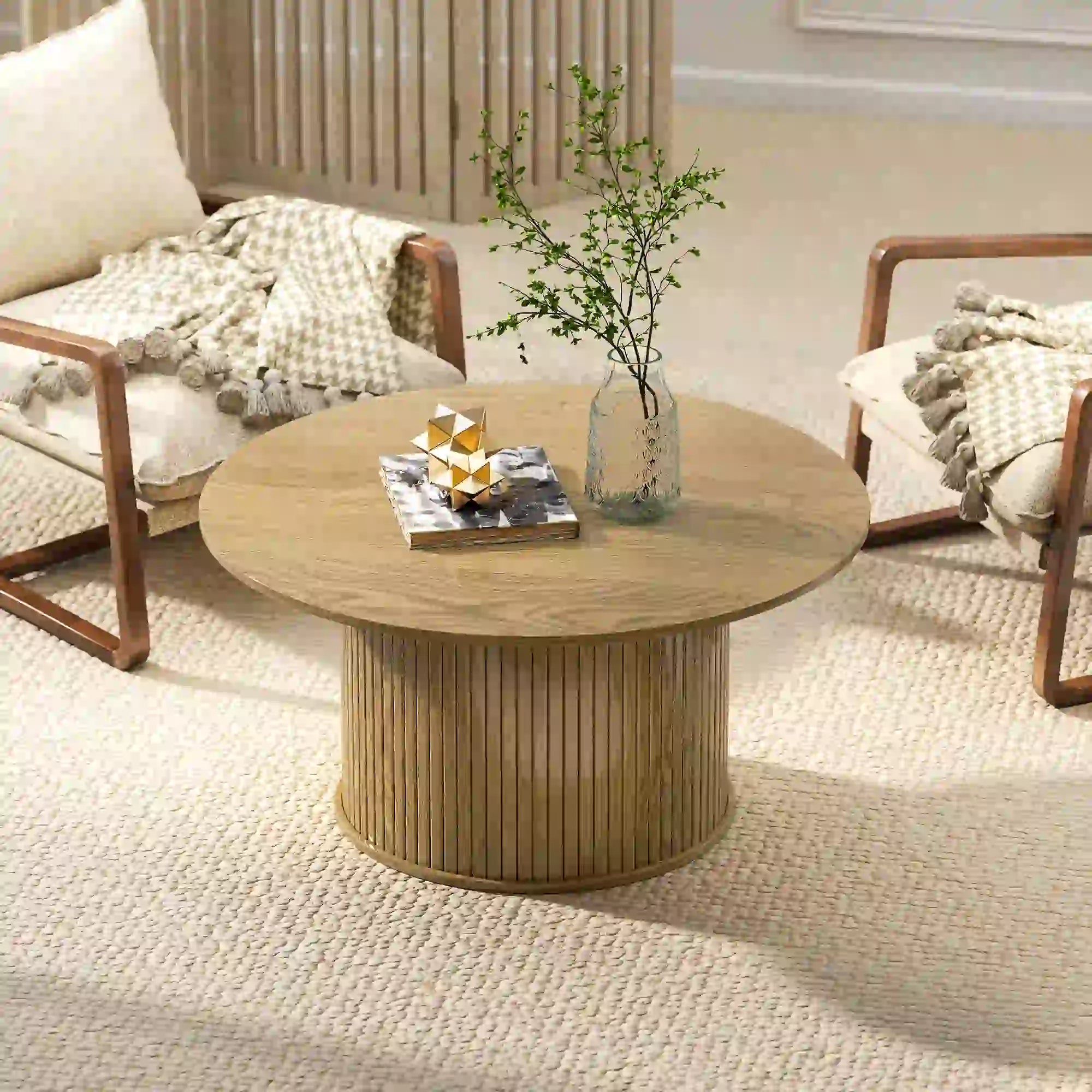 31.5 Inch Round Coffee Table, Nordic Style, Oak Coffee Tables at Gallery Canada