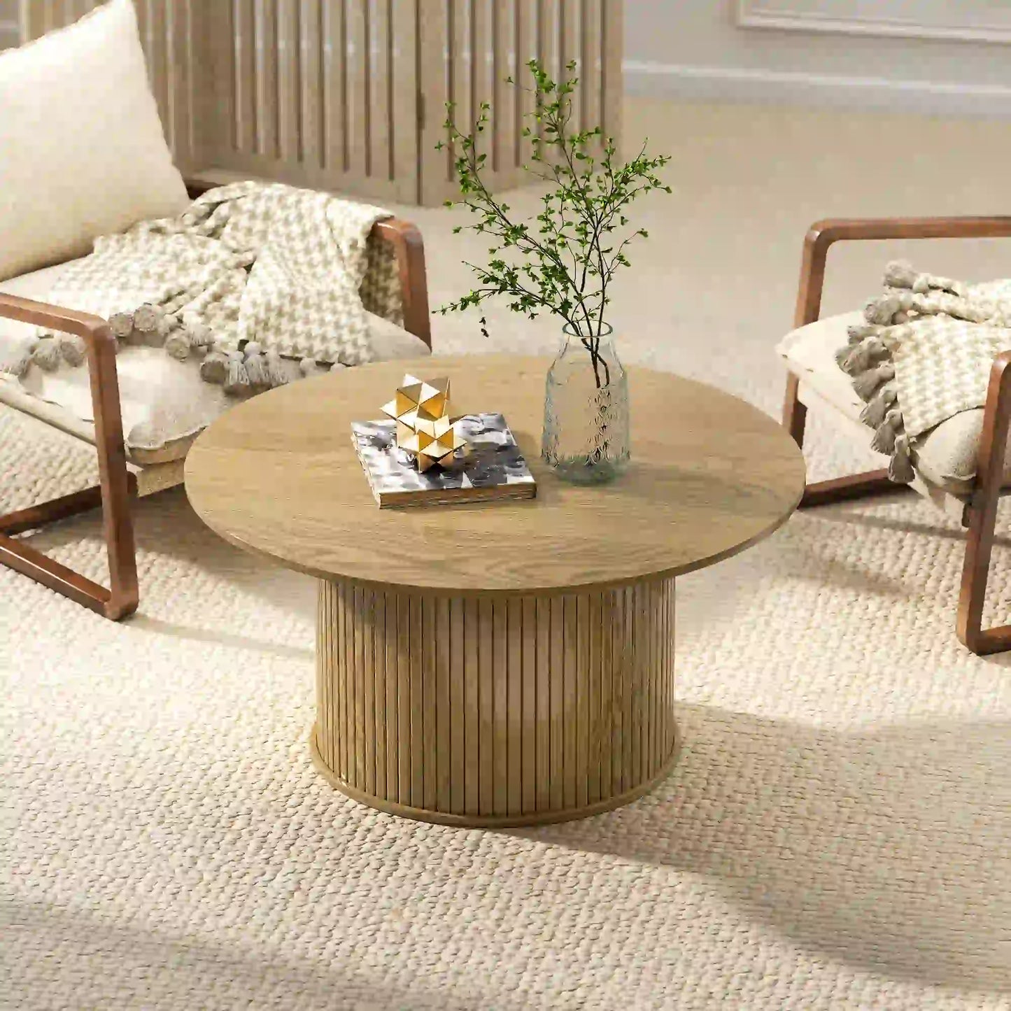 31.5 Inch Round Coffee Table, Nordic Style, Oak Coffee Tables at Gallery Canada