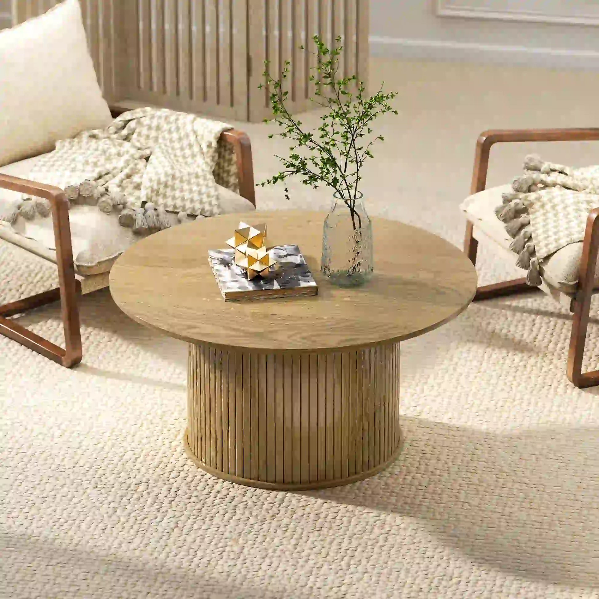 31.5 Inch Round Coffee Table, Nordic Style, Oak Coffee Tables at Gallery Canada